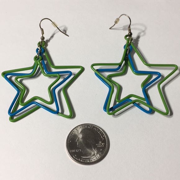 Blue Green Metal Star Pierced Earrings - Picture 9 of 16